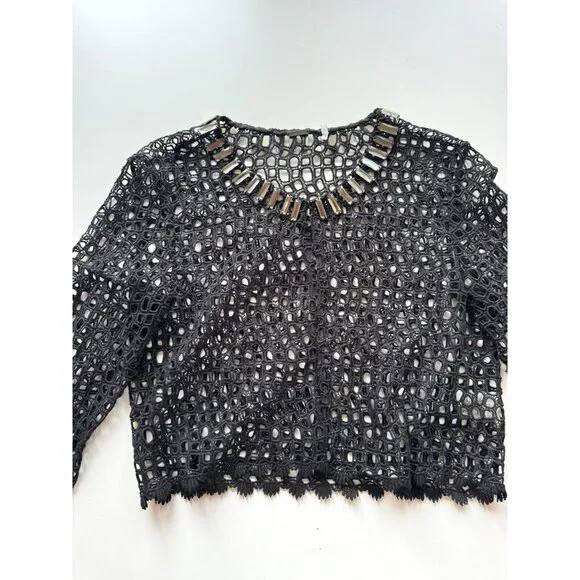 ELIE TAHARI Black Cotton Broderie Anglaise Beaded Lace Cardigan Sweater, Size 2 - Picture 7 of 15